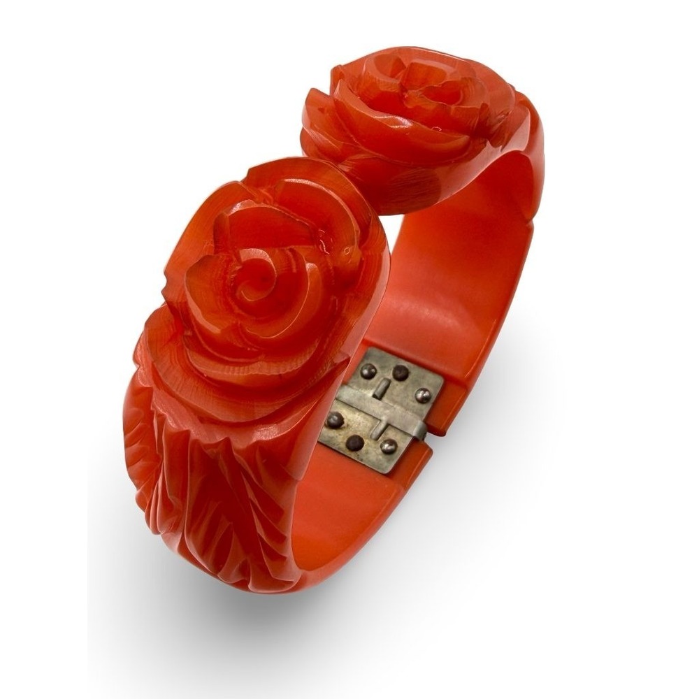 Vintage Bakelite Orange Coral Carved Rose Clamper Bracelet Hinged Bangle 1930s